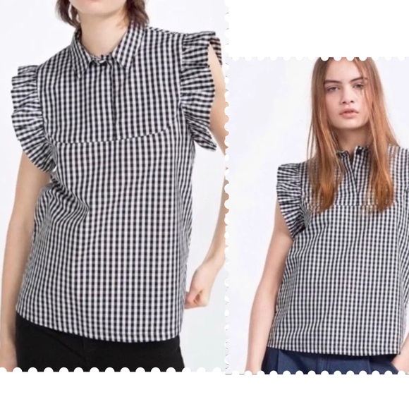 Zara Black & White Gingham Ruffle Cap Sleeve Blouse - Picture 2 of 11